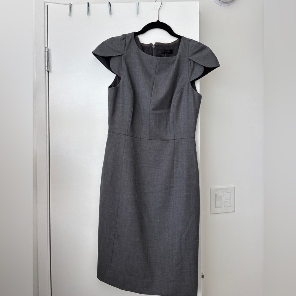 J. Crew Grey Midi Sheath Dress with Flutter Cap Sleeves